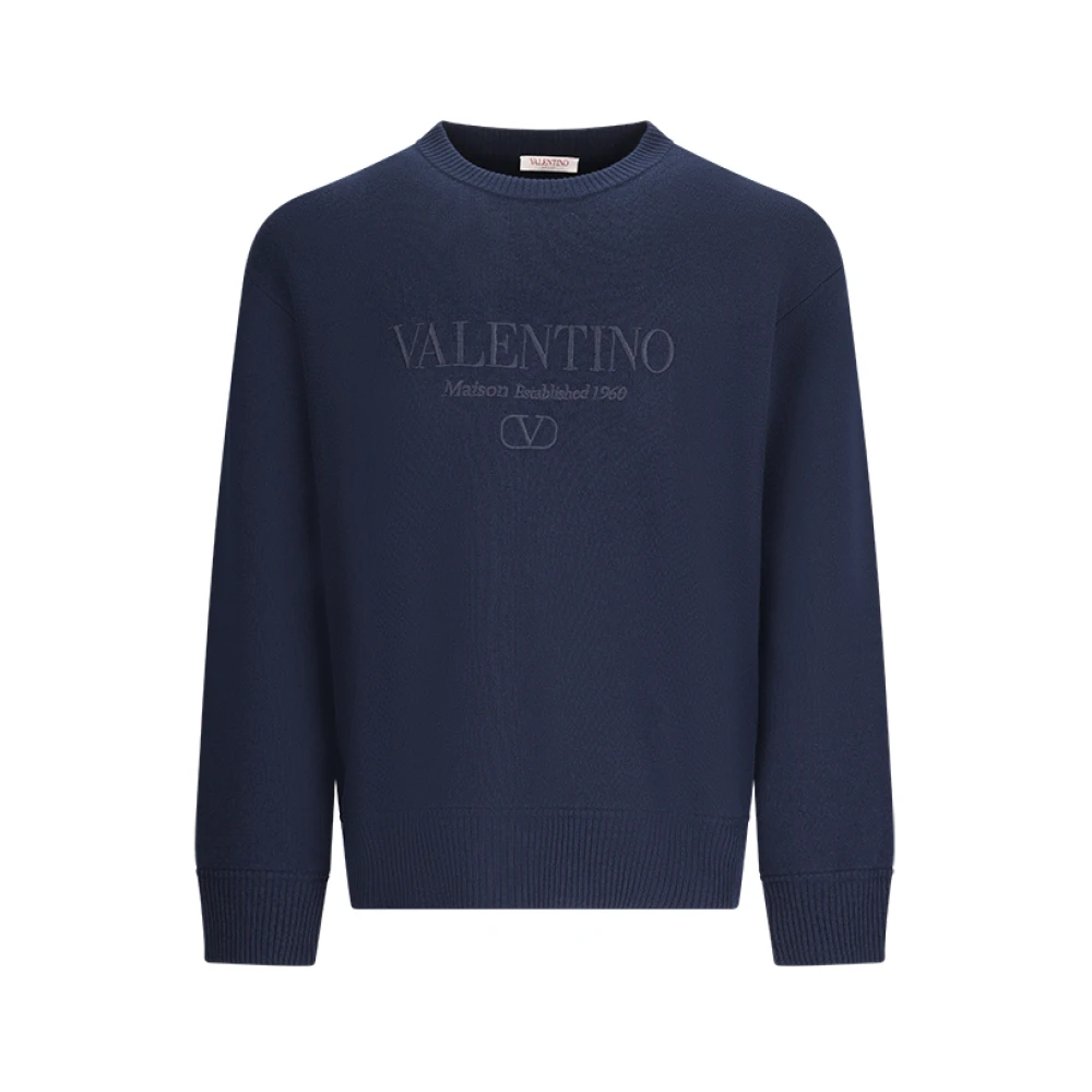 Valentino Garavani Men's Blue Round-Neck Knitwear,, Embroidered Jumper Large