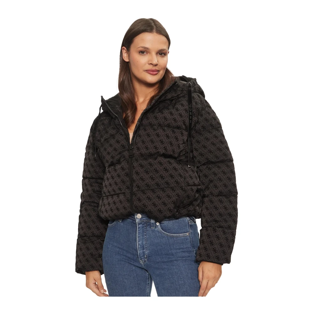 Guess Monogram Hoodie Logo Patroon Black Dames