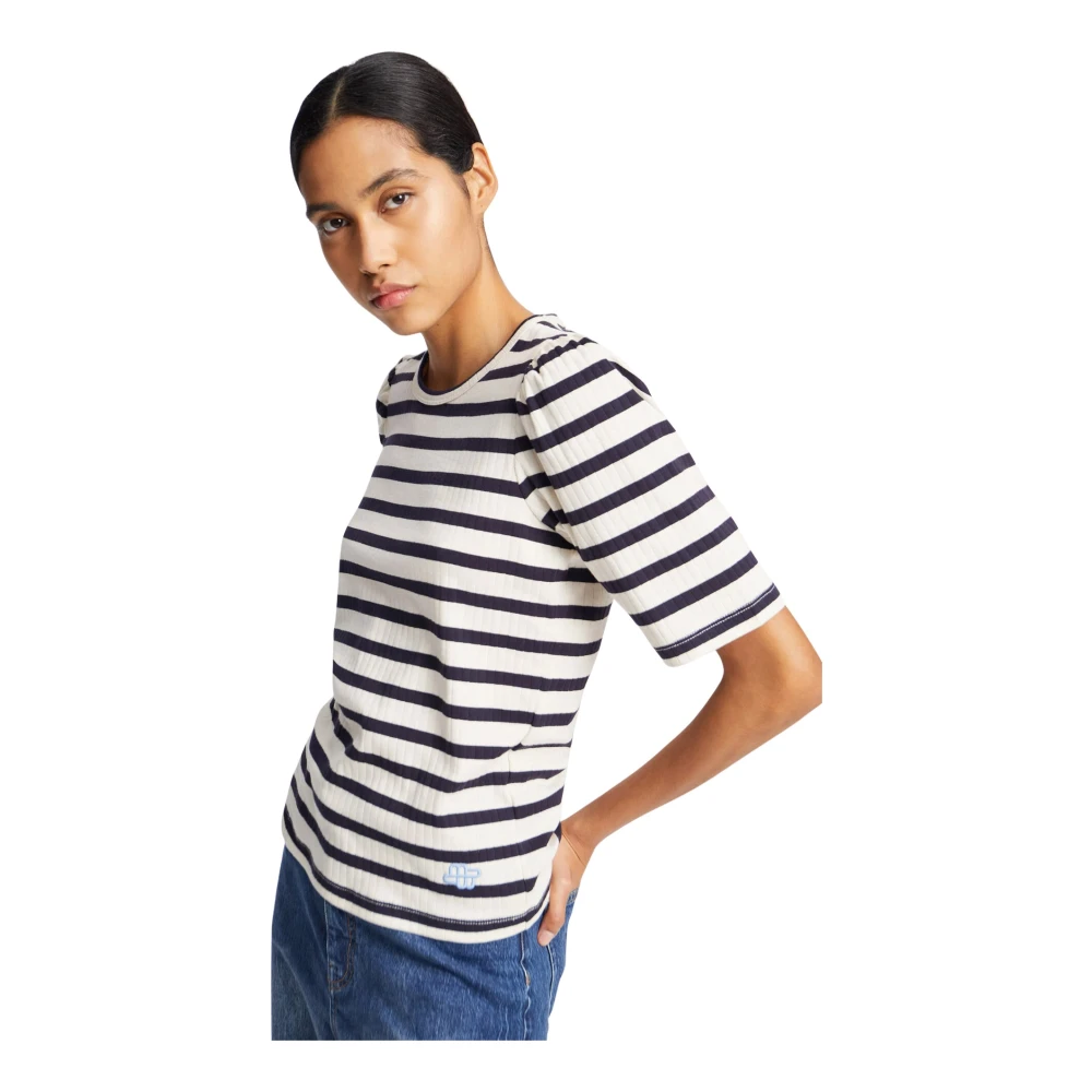 Munthe Women's Blue T-Shirts, Xl, Striped T-Shirt With Puff Sleeve