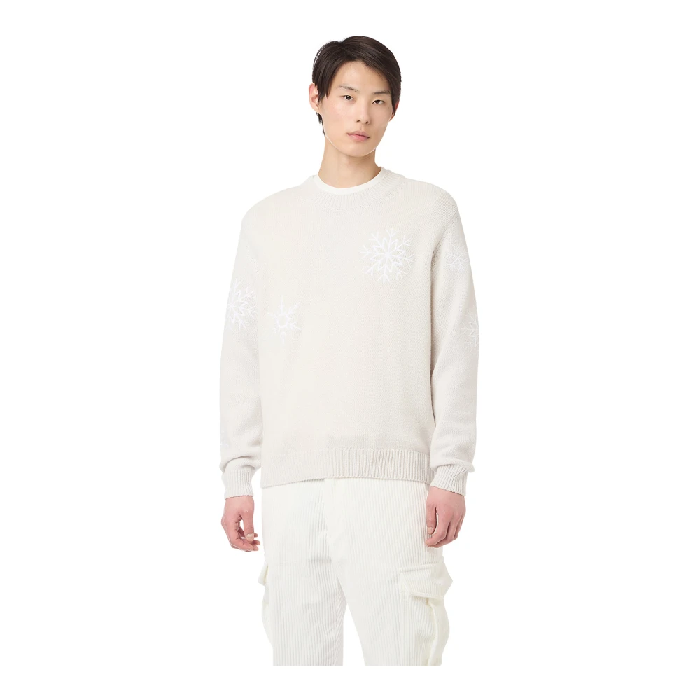 Eleventy Men's Beige Round-Neck Knitwear, L, Snowflake Embroidered Wool Jumper