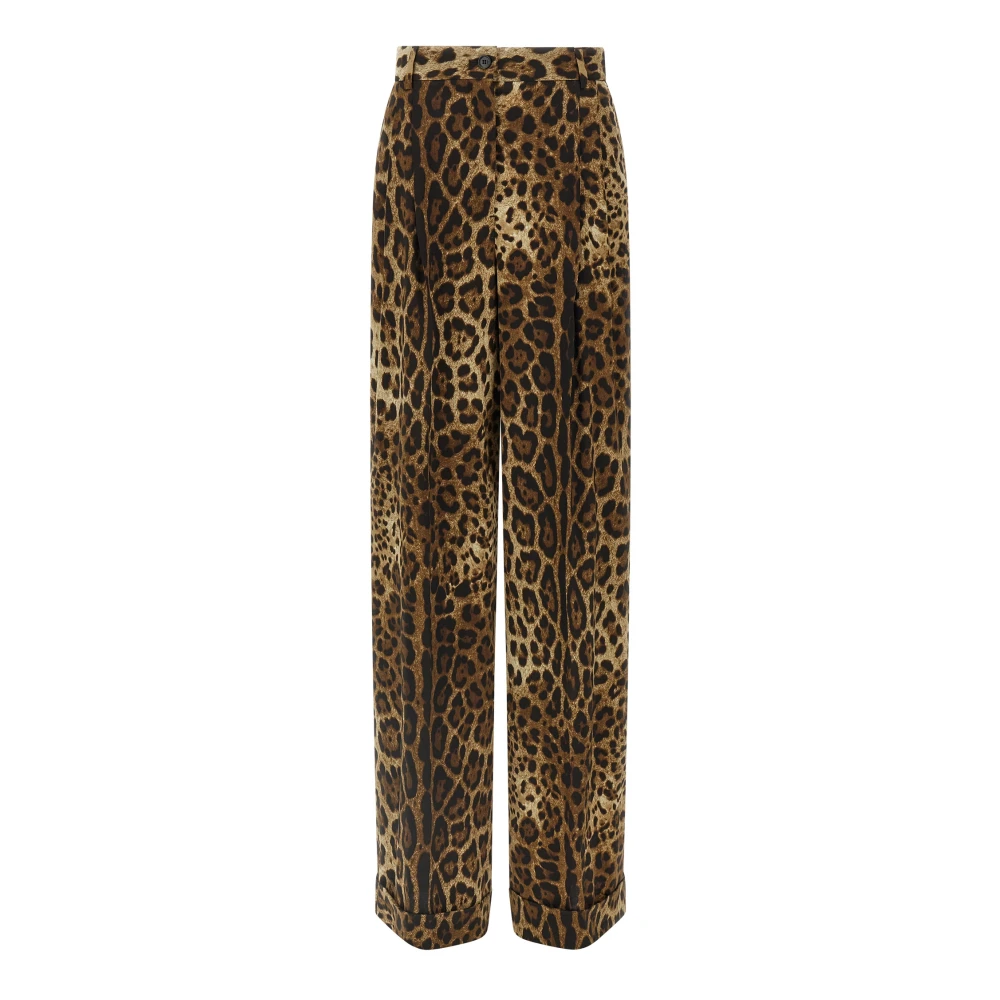 Dolce & Gabbana Leo Print Wool Trousers - Female - Wide Trousers - Brown - M - Trousers