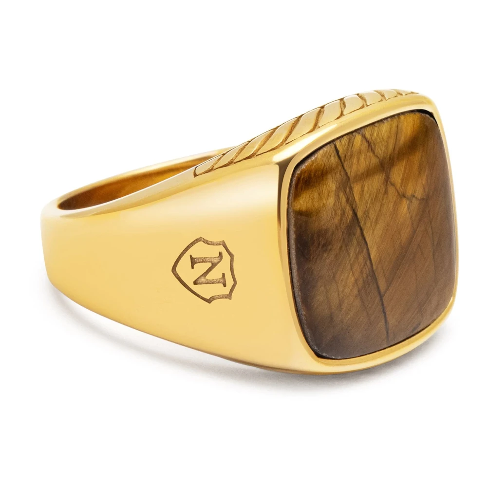 Nialaya Gentlemen's Gold Signet Ring with Brown Tiger Eye Yellow, Herr