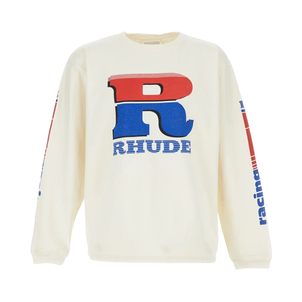 Rhude Men's White Long Sleeve T-Shirts, Xl, Split Petrol Logo Long Sleeve Tee