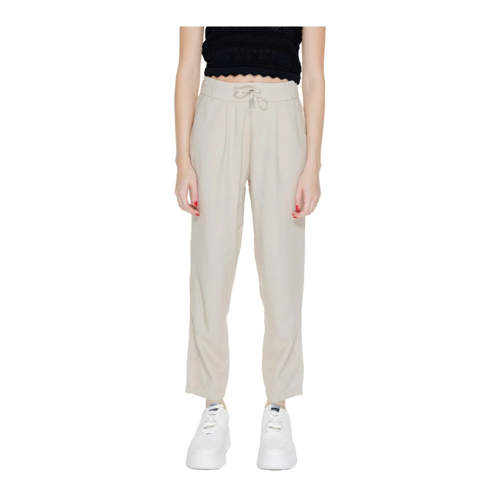 Only Women's Beige Linen-Blend Drawstring Casual Trousers - Straight Trousers - M L32 - Trousers