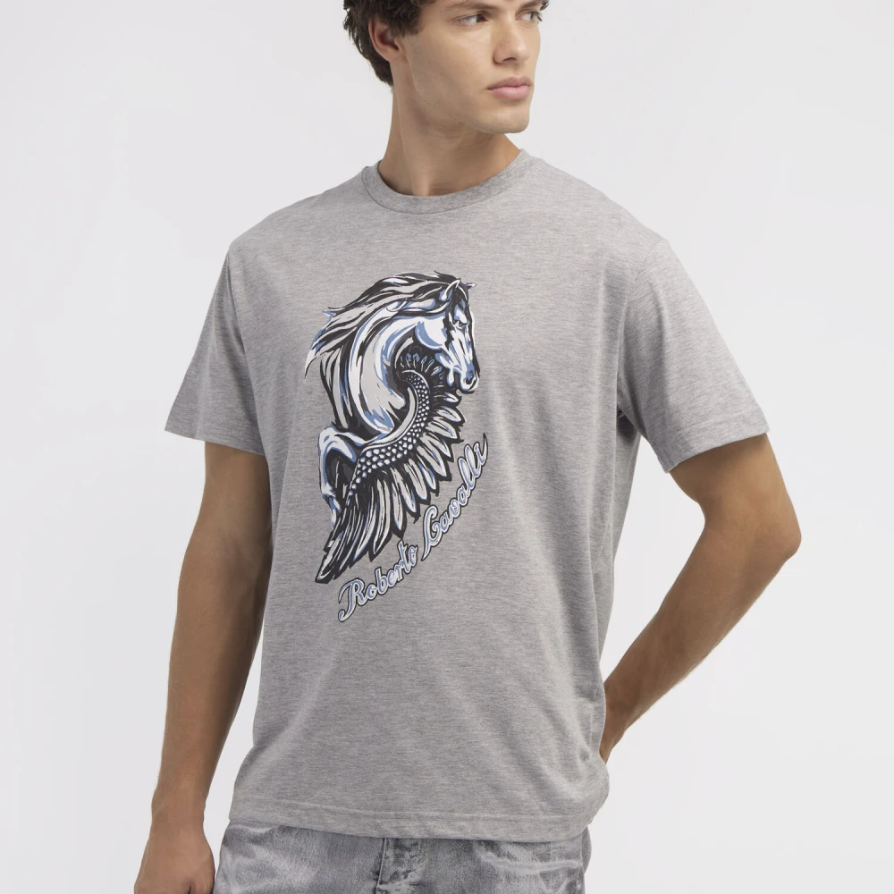 Roberto Cavalli T-shirt met Paardenlogo en Print Ronde Hals Gray Heren