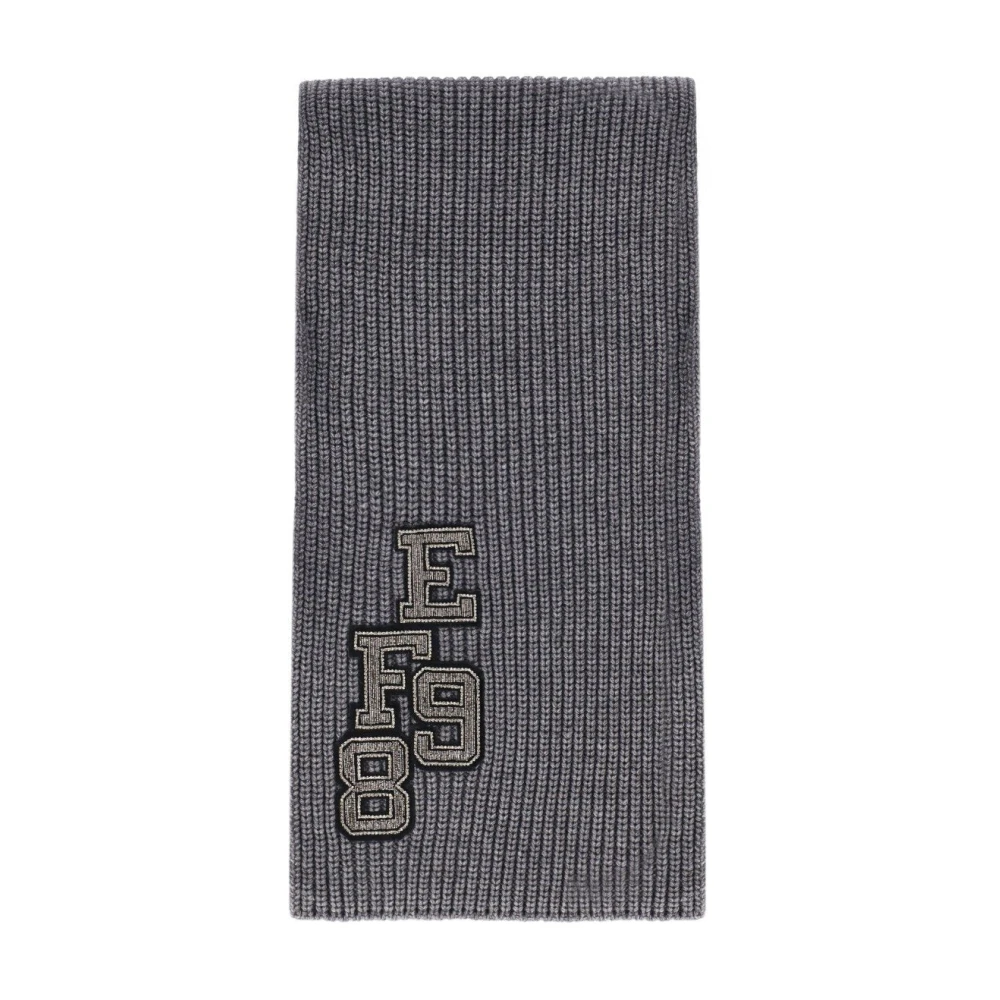 Elisabetta Franchi Vrouw Grijs Accessoires Dames, One Size, Wol, Geribbeld Wollen Sjaal Met Jacquard Letters