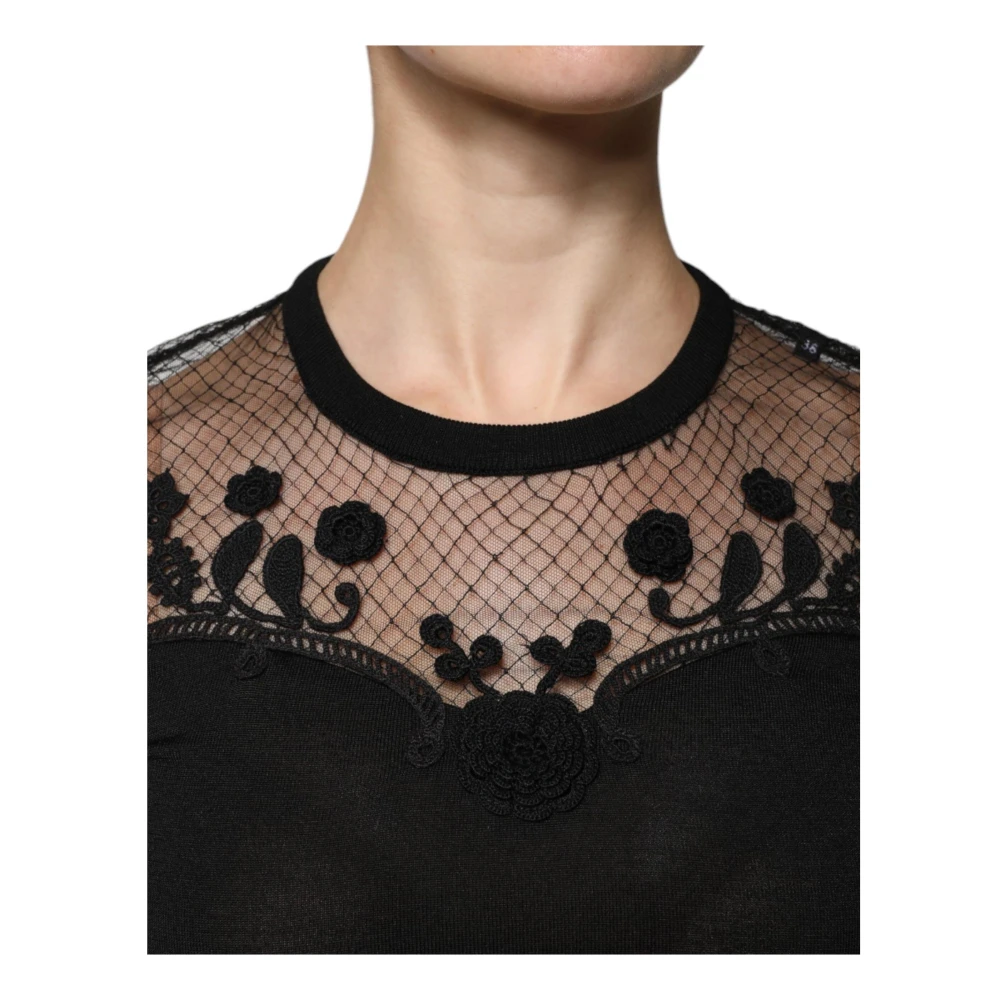 Dolce & Gabbana Zwarte Bloemenkant Zijden Blouse Black Dames