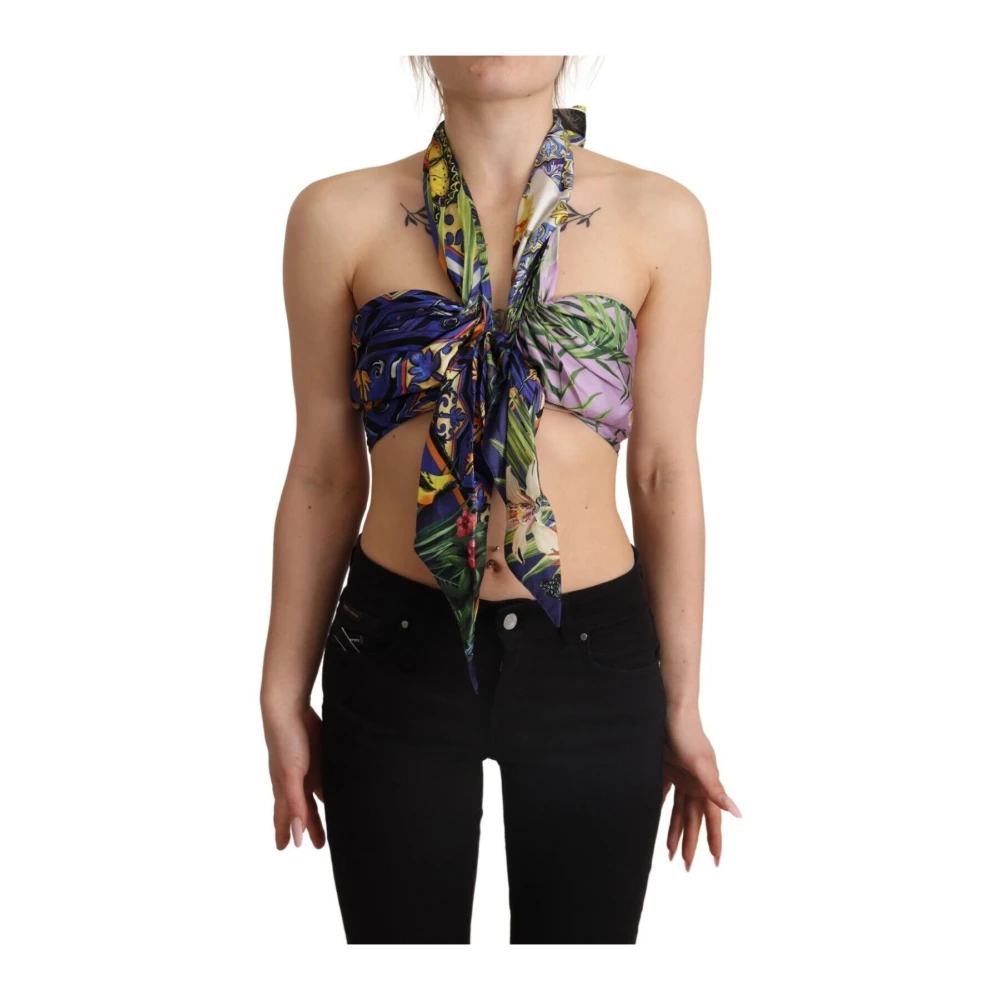 Dolce & Gabbana Women's Multicolor Silk Halter Cropped Top - Sleeveless Tops - S - Tops