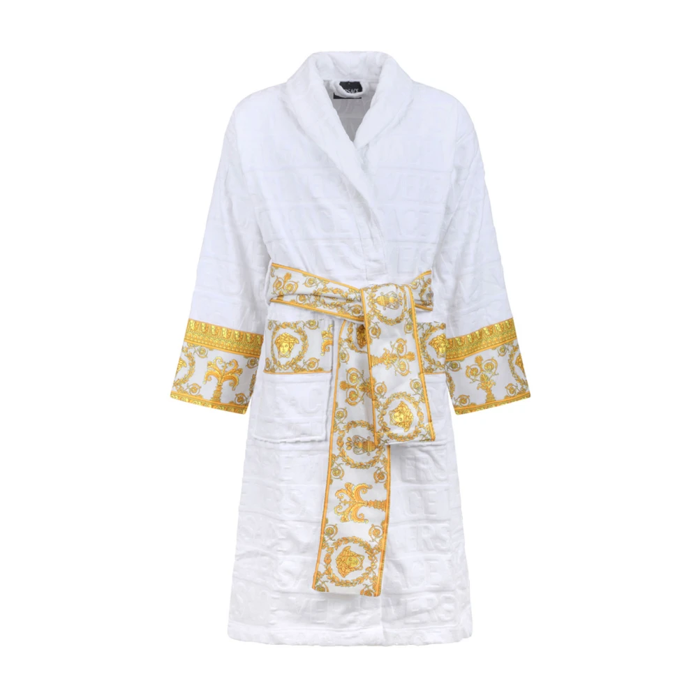 Versace Donna Bianco Accappatoio Barocco Con Stampa Logo Allover