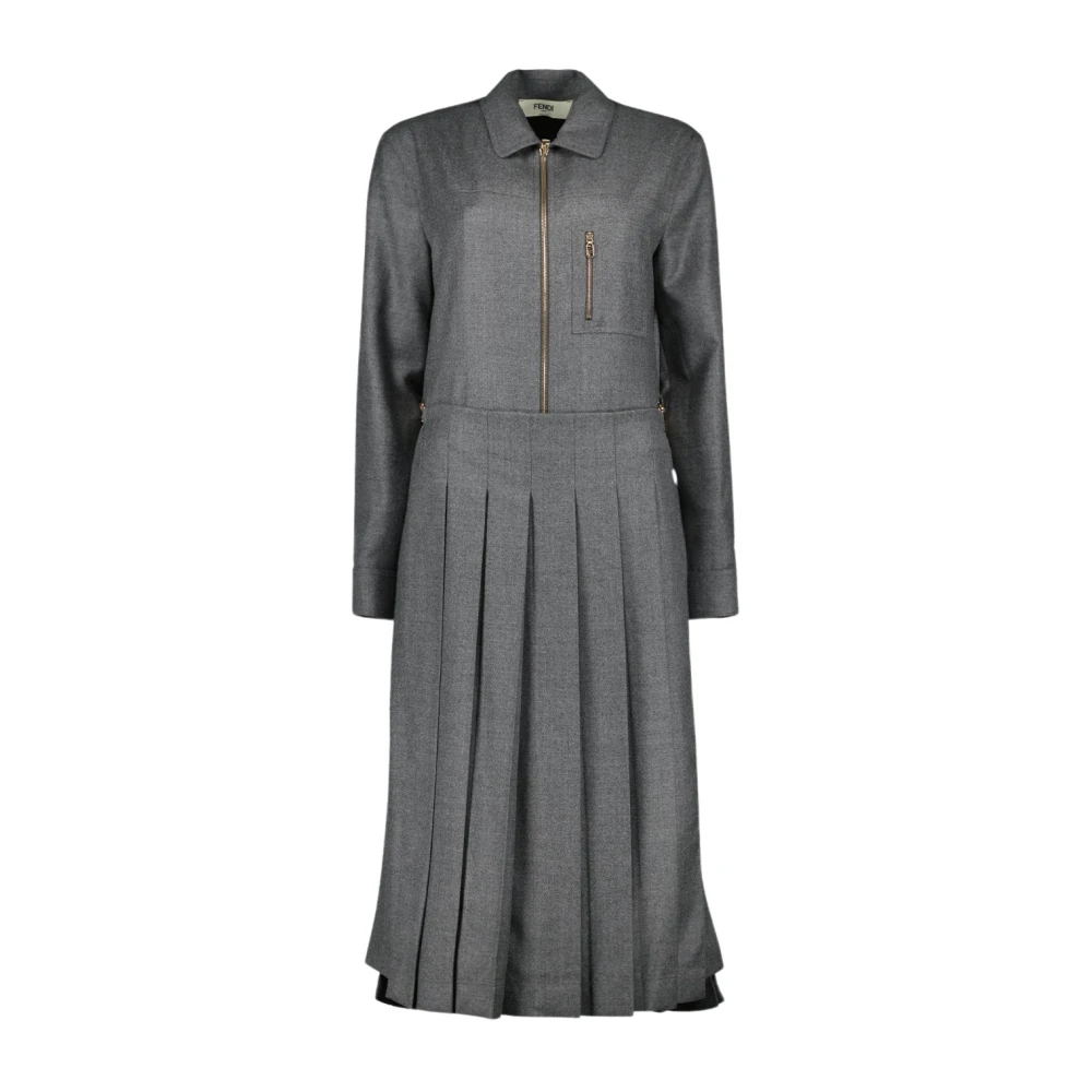 Fendi Women's Gray Wool Pleated Long Coat - Shirt Dresses - Xs - Dresses