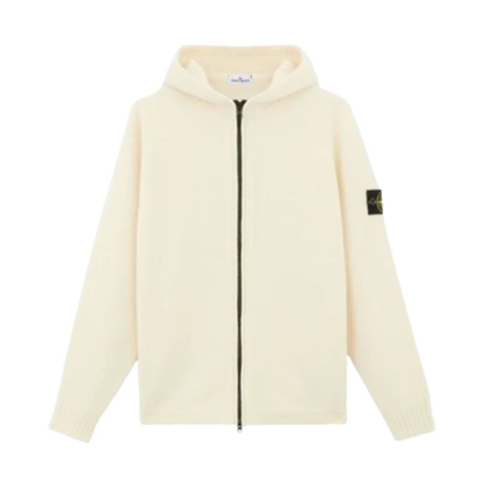 Stone Island Capuchon Lamswol Volledige Rits Cardigan Beige Heren