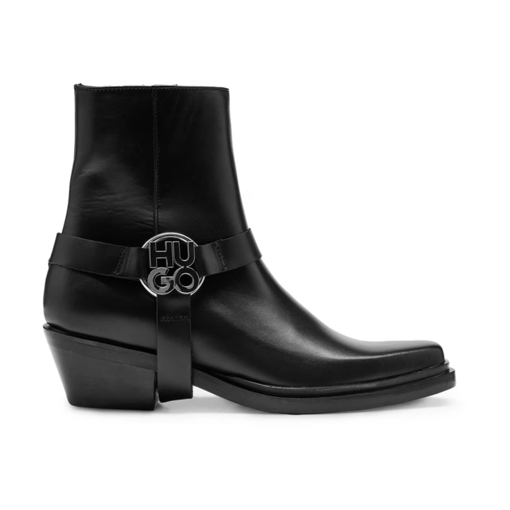 Hugo Women's Black Stacked-Logo Ankle Boots Leather