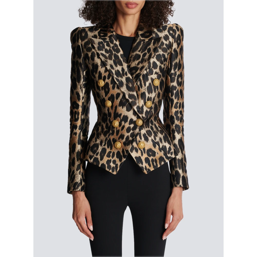 Balmain Slim-fit Jas in Luipaard Jacquard Brown Dames