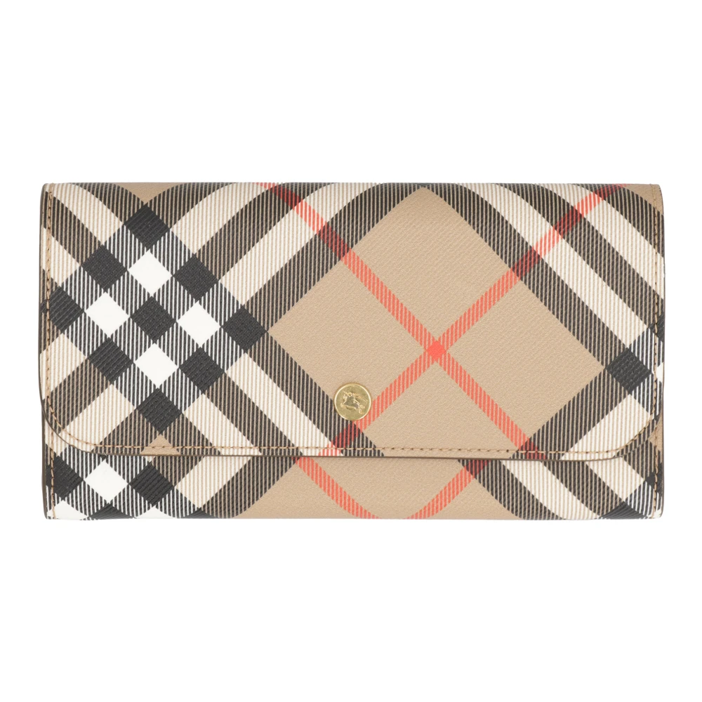 Burberry Geruite Leren Portemonnee met Drukknoop Beige Dames