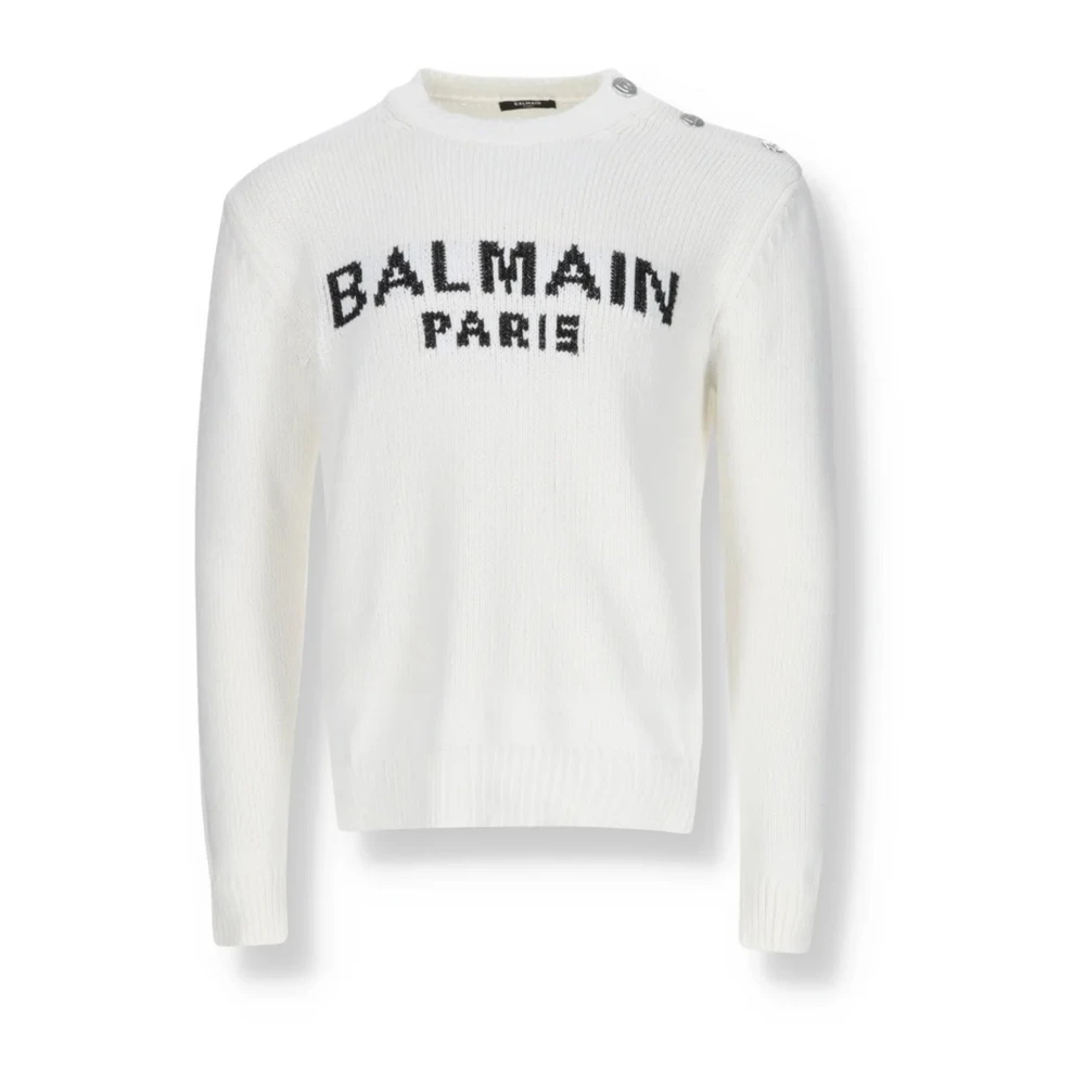Balmain White Cotton Logo Jumper - Male - Round-Neck Knitwear - L - Knitwear