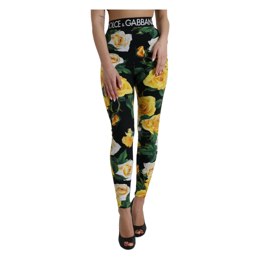 Dolce & Gabbana Zwarte Bloemen Hoge Taille Leggings Broek Multicolor Dames