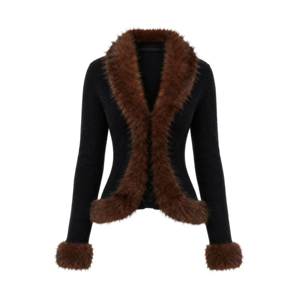 Self Portrait Faux Fur Knit Cardigan - Female - Cardigans - Black - L - Knitwear