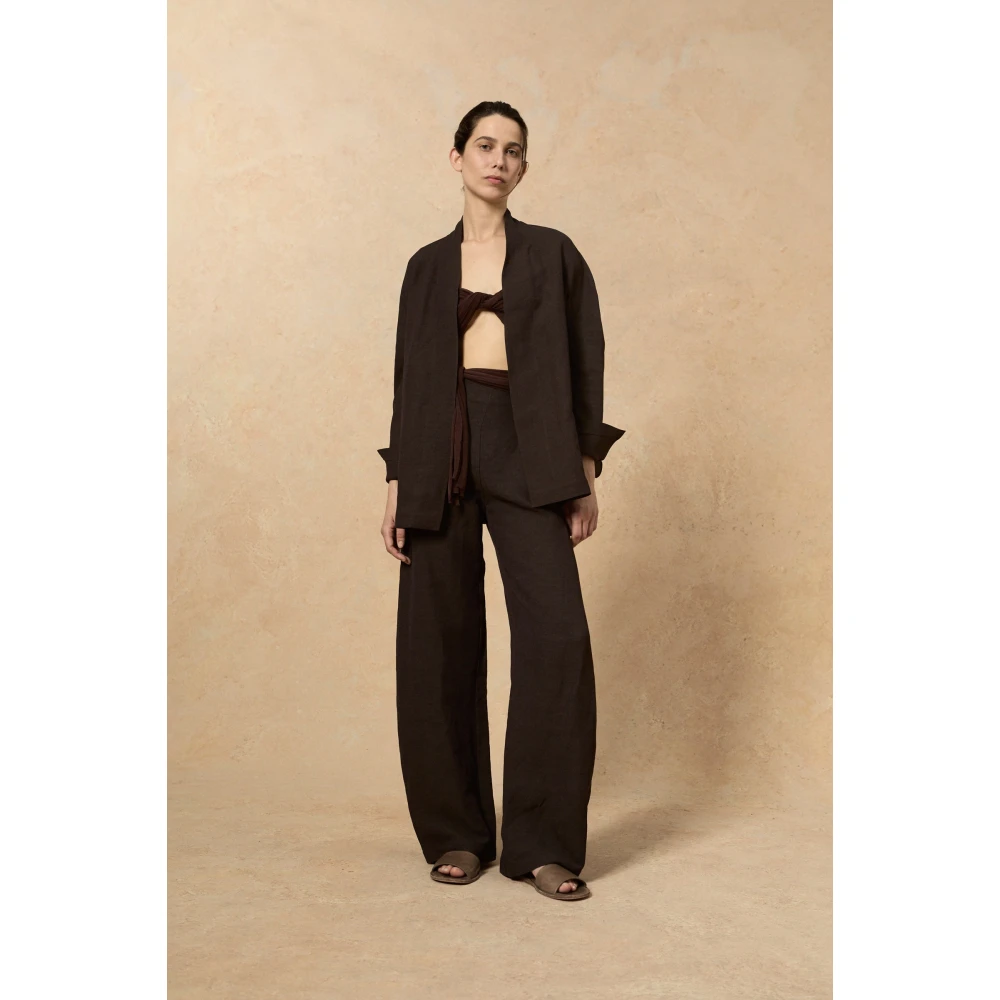 Cortana Hoge taille linnen en viscose broek Brown Dames