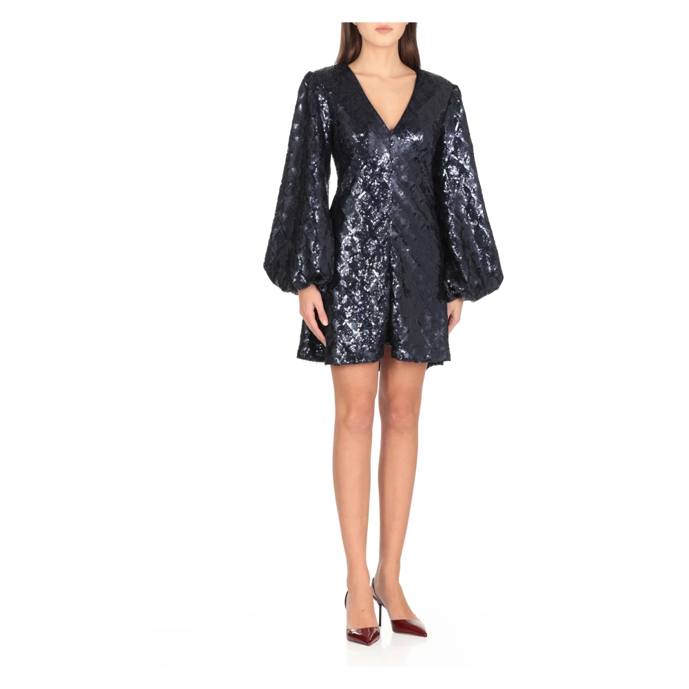 Rotate Birger Christensen Sequin V-Neck Jurk met Lange Mouwen Blue Dames