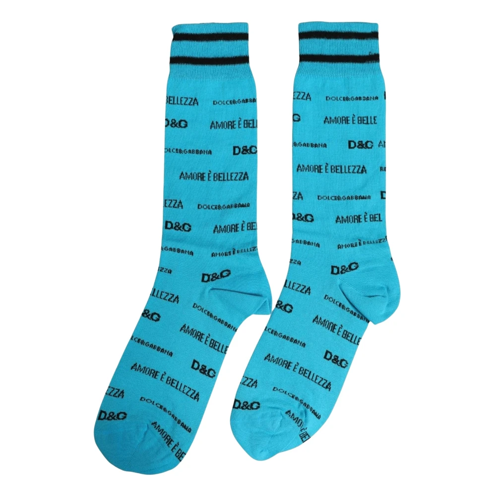 Dolce & Gabbana Light Blue Cotton Logo Mid Calf Accessory Socks - L - Image 2