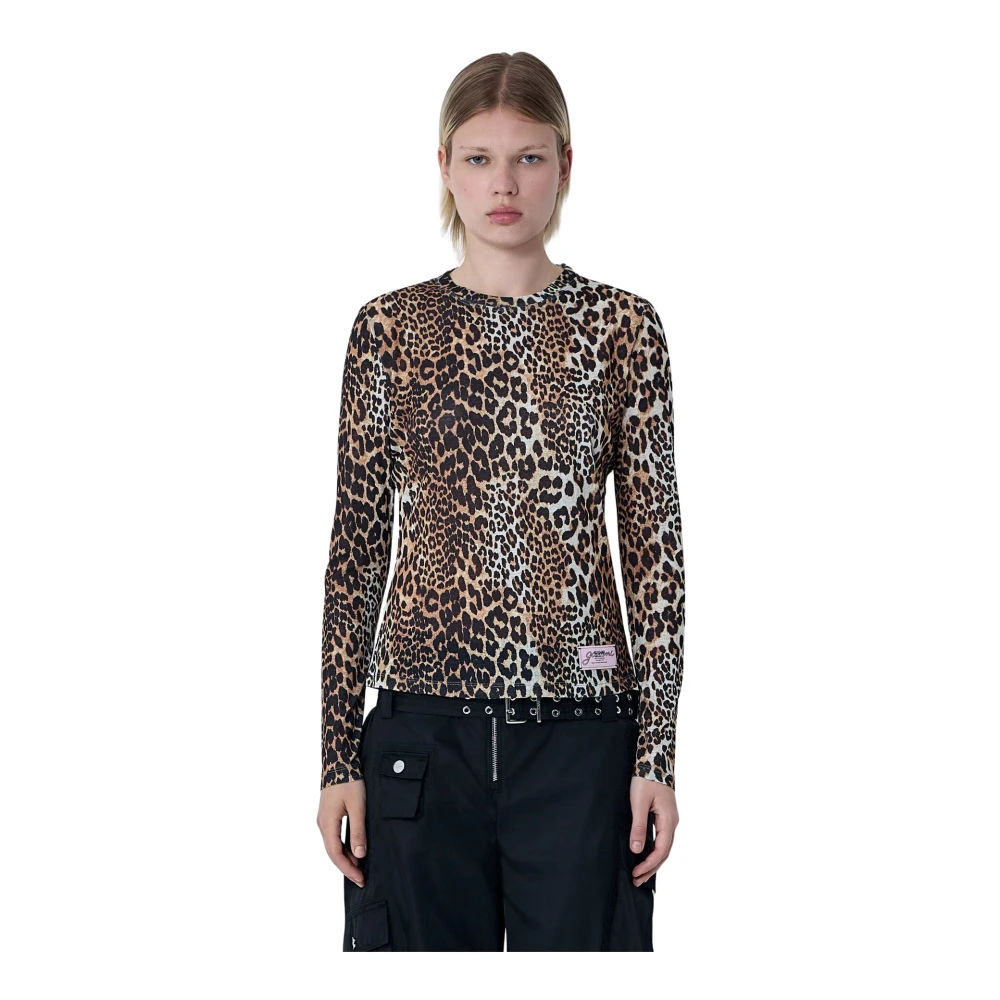 Ganni Women's Brown Long Sleeve T-Shirts, 2XS, Mesh Top