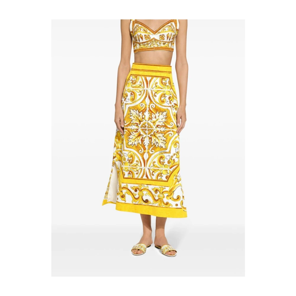 Dolce & Gabbana Majolica Print Zijden Rok Yellow Dames