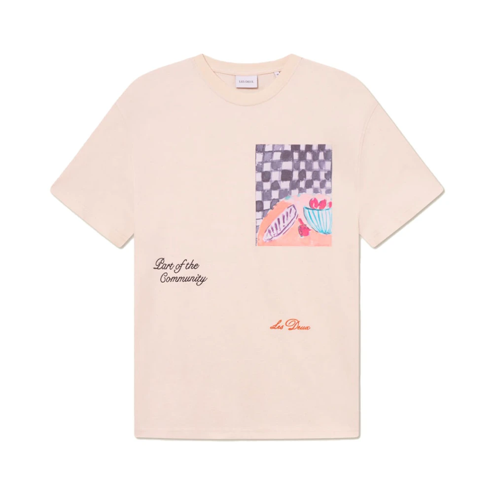 Les Deux Retro Loose Fit T-shirt met handgetekende print Beige Heren