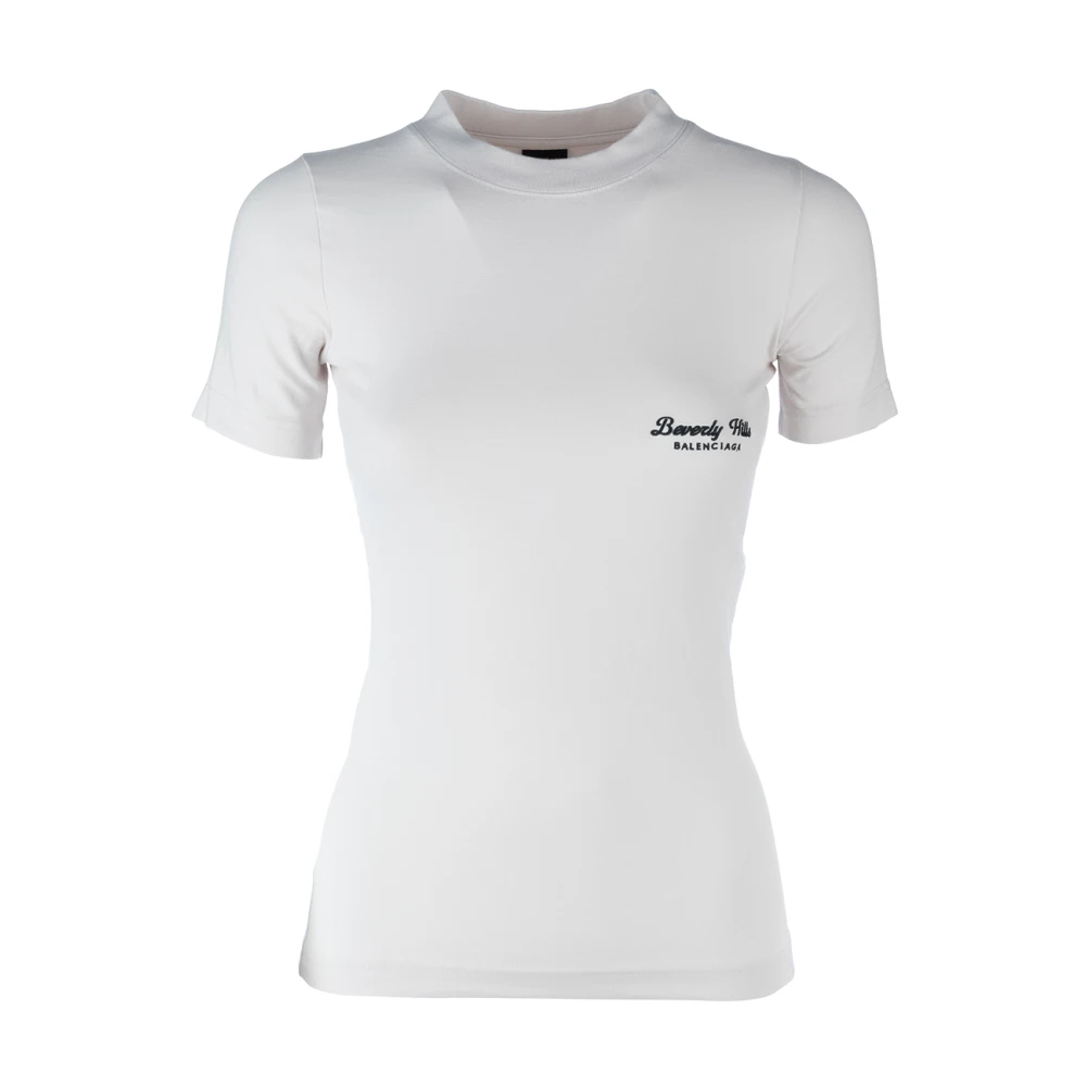 Balenciaga Logo Geborduurde Crew Neck T-shirt White Dames