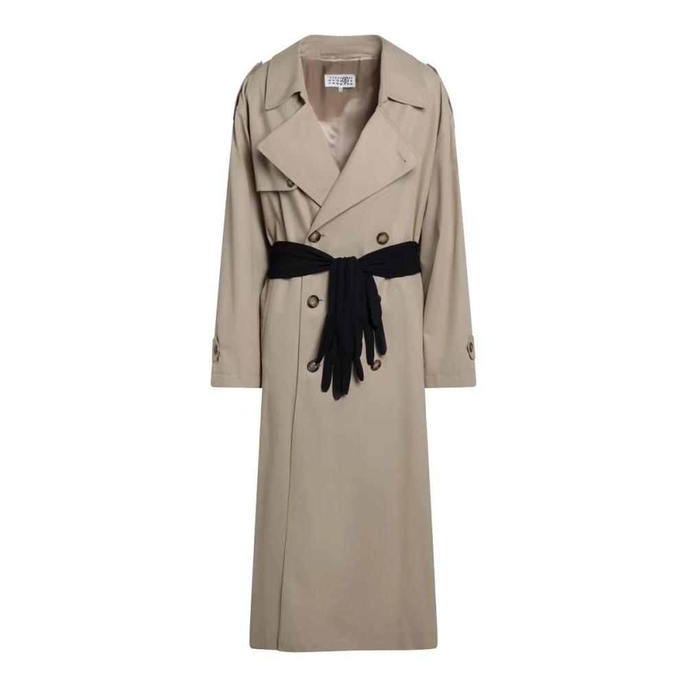 Mm6 Maison Margiela Women's Beige Belted Coats, 3XS, Trench Coat With Gloves