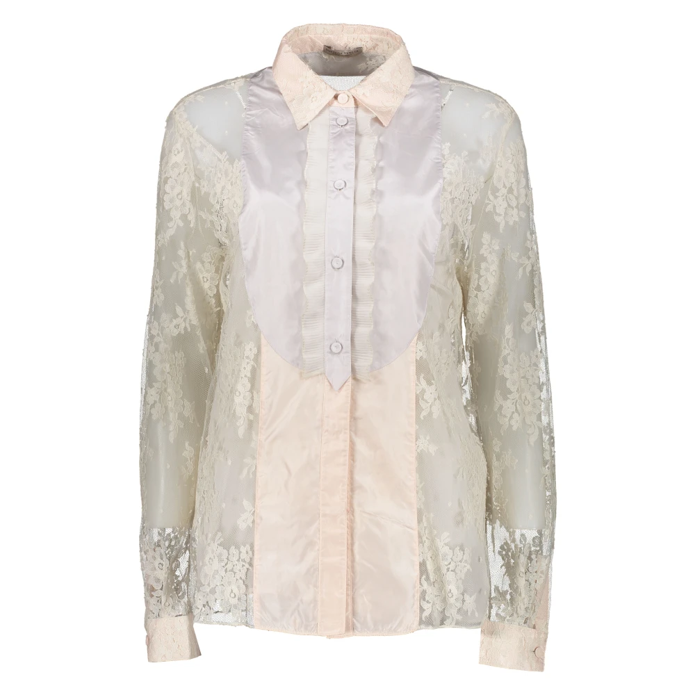 Bottega Veneta Gerimpeld Kant Zijde Katoen Shirt Pink Dames