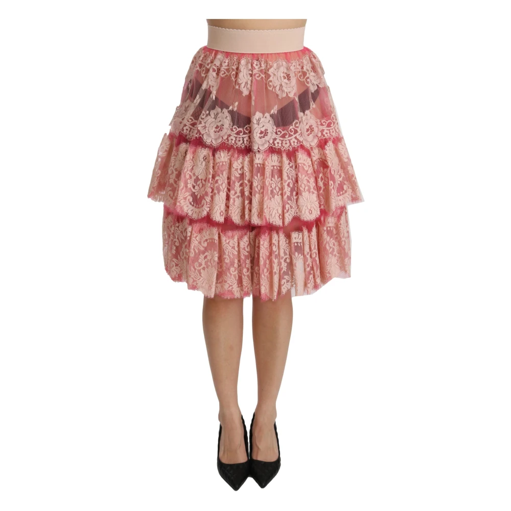 Dolce & Gabbana Vrouw Roze Rokken Dames, S, Katoen, Kanten Gelaagde Knie Lengte Rok Met Hoge Taille