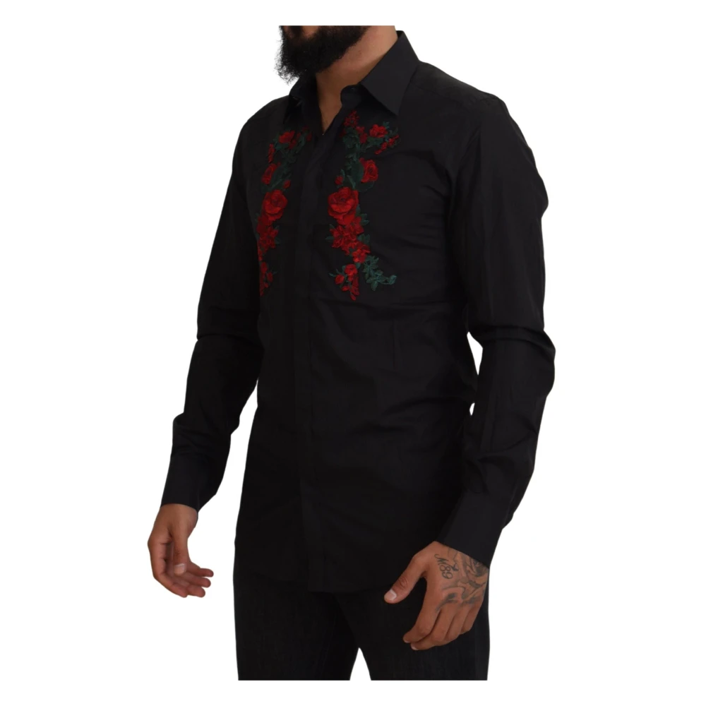 Dolce & Gabbana Zwarte katoenen overhemd met bloemenborduursel Black Heren
