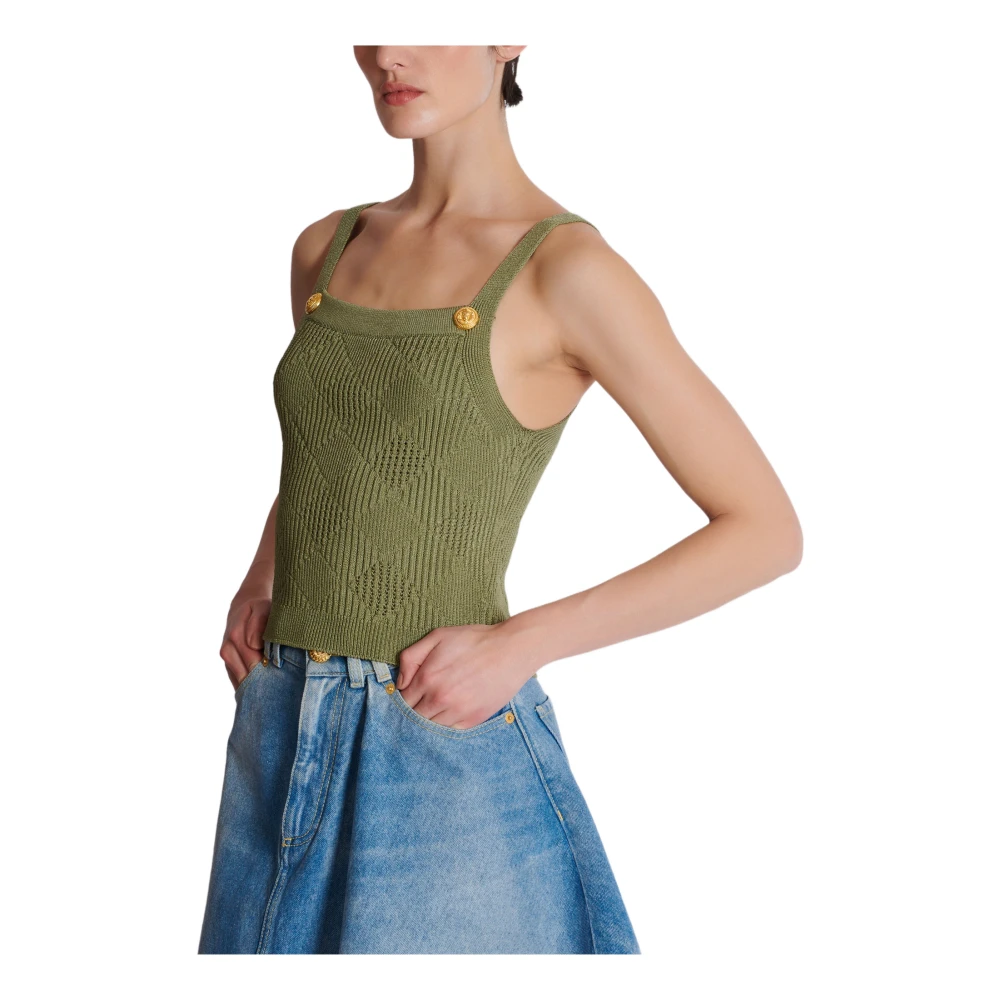 Balmain Cropped top in gingham openwork knit Green Dames