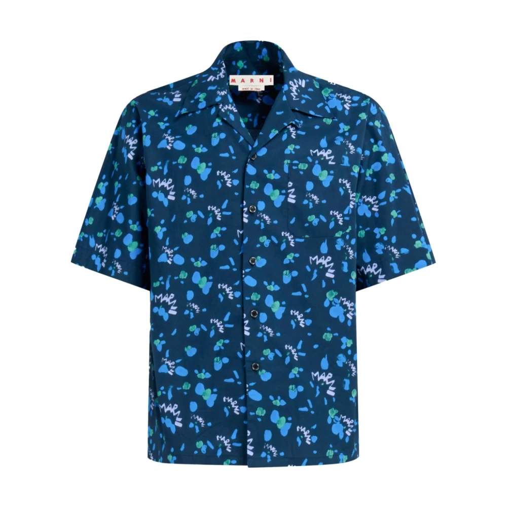 Marni Kortemouw Bowling Shirt met Dripping-Print Blue Heren