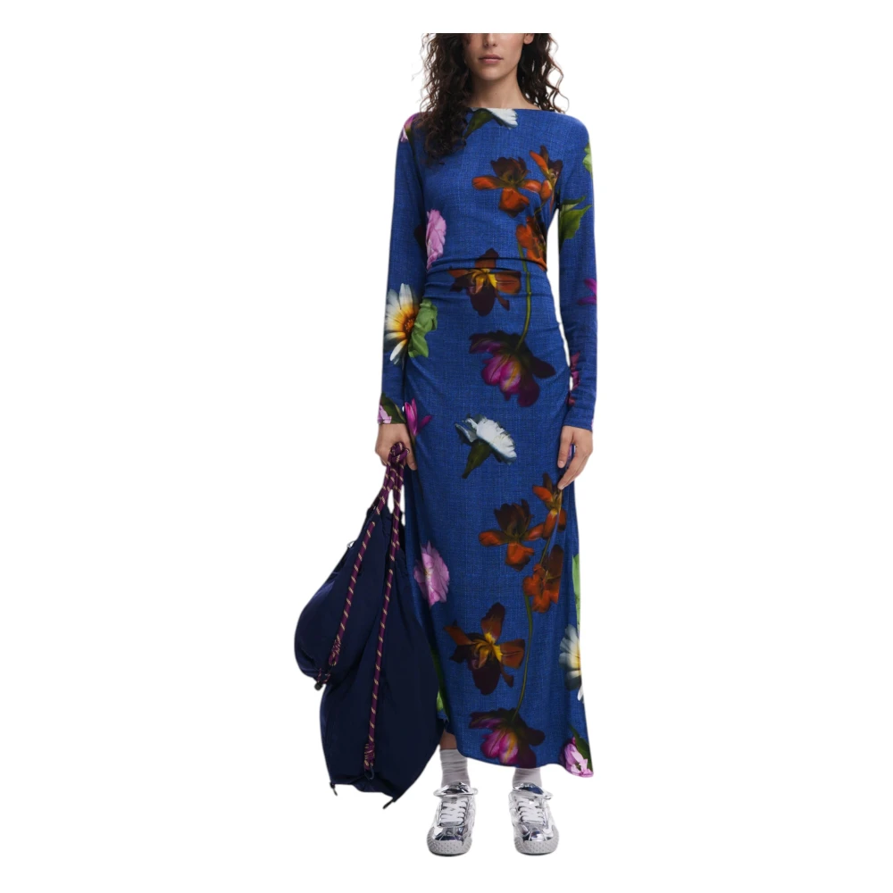 Desigual Blauwe Bedrukte Lange Mouw Jurk Multicolor Dames