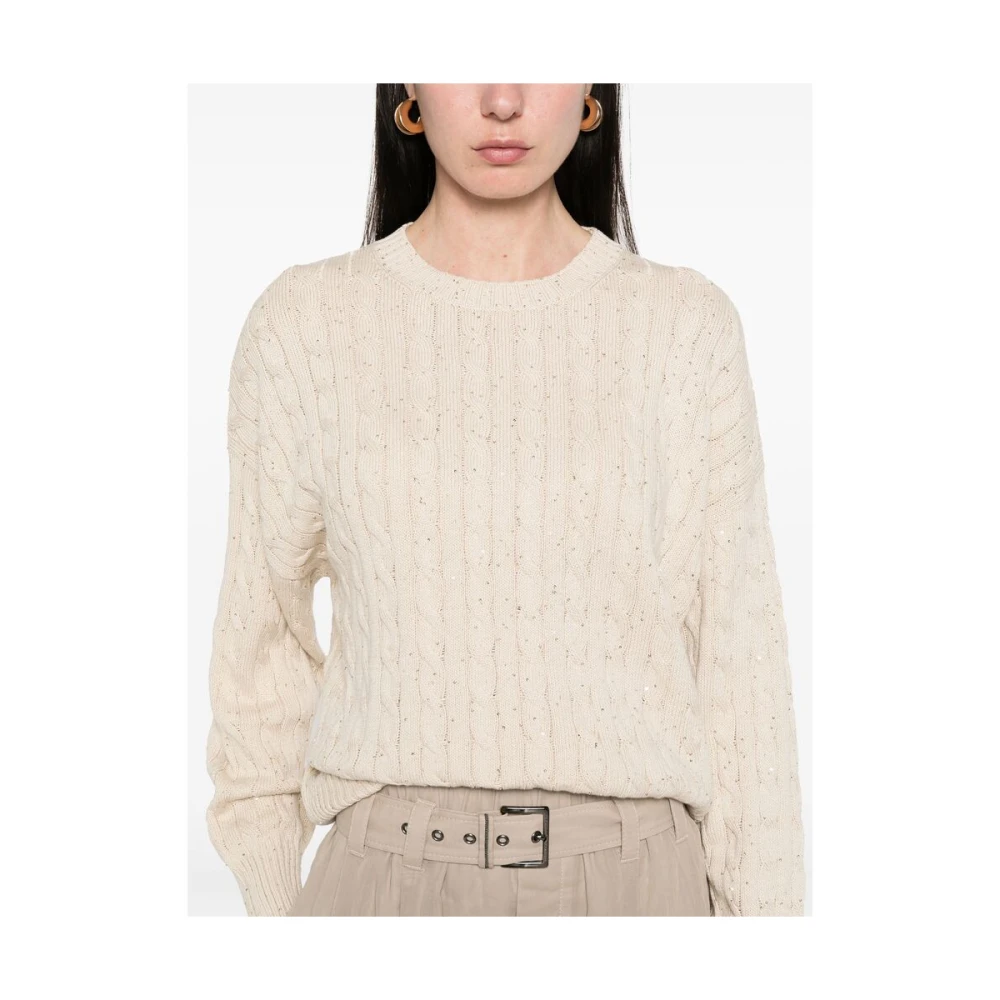 BRUNELLO CUCINELLI Beige Crew Neck Sweater met Lange Mouwen Beige Dames
