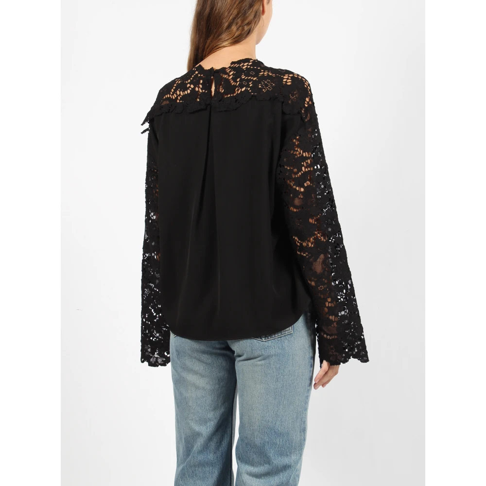 Nude Macramé kanten blouse met lange mouwen Black Dames
