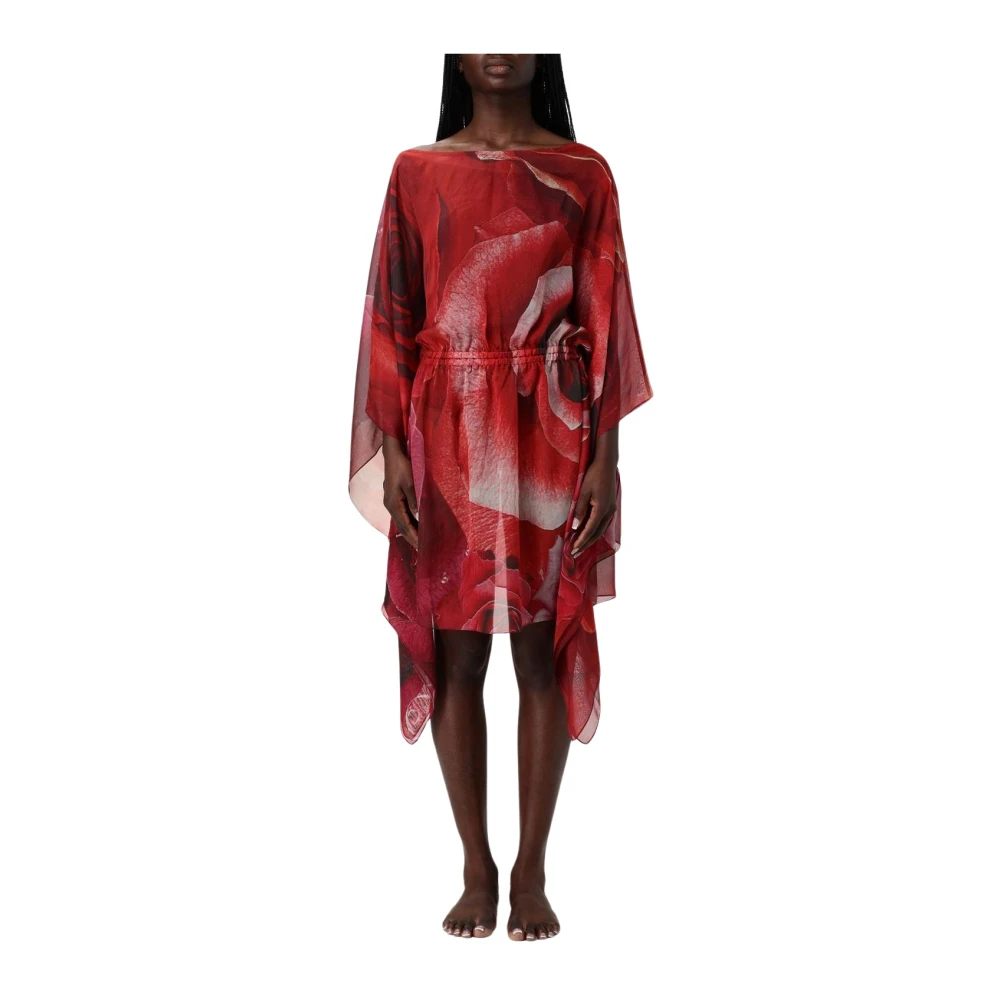 Roberto Cavalli Women's Red Short Dresses,, Rose Print Mini Dress Small