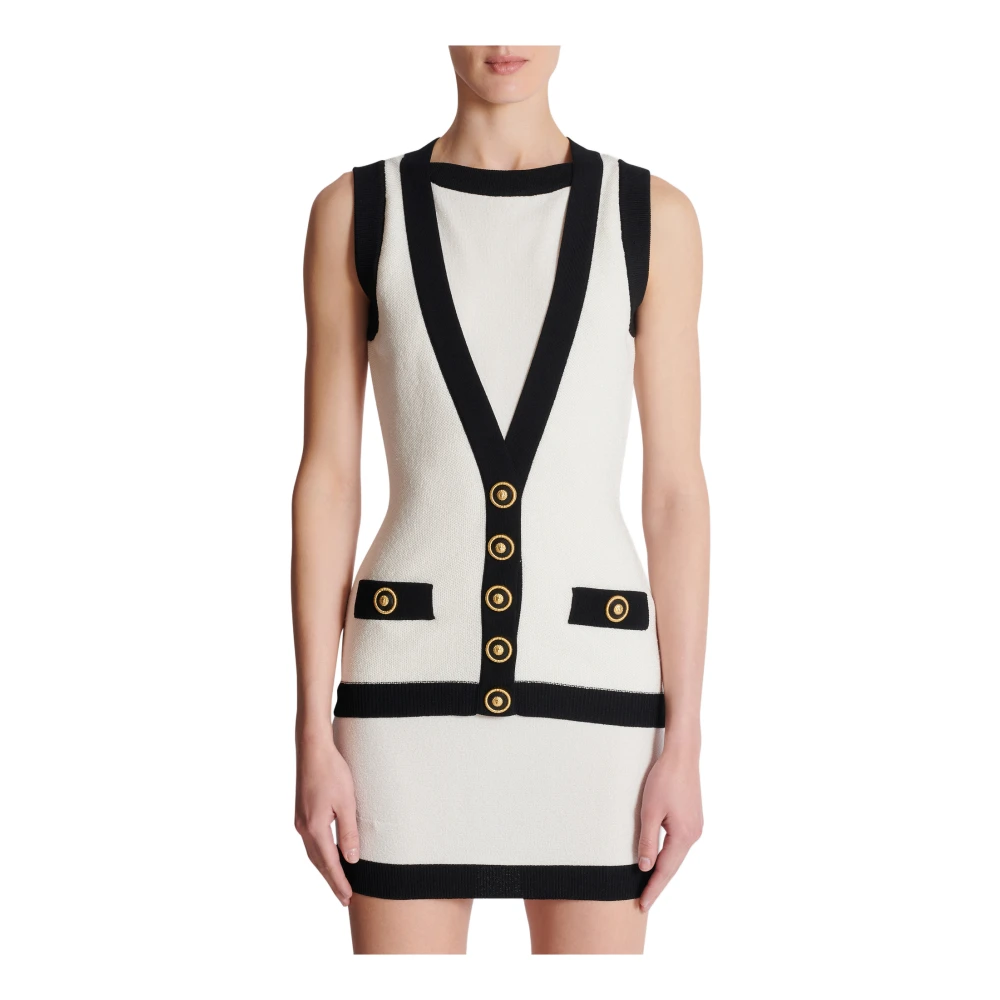 Balmain Tweekleurige gebreide jurk met nep vestontwerp Beige Dames