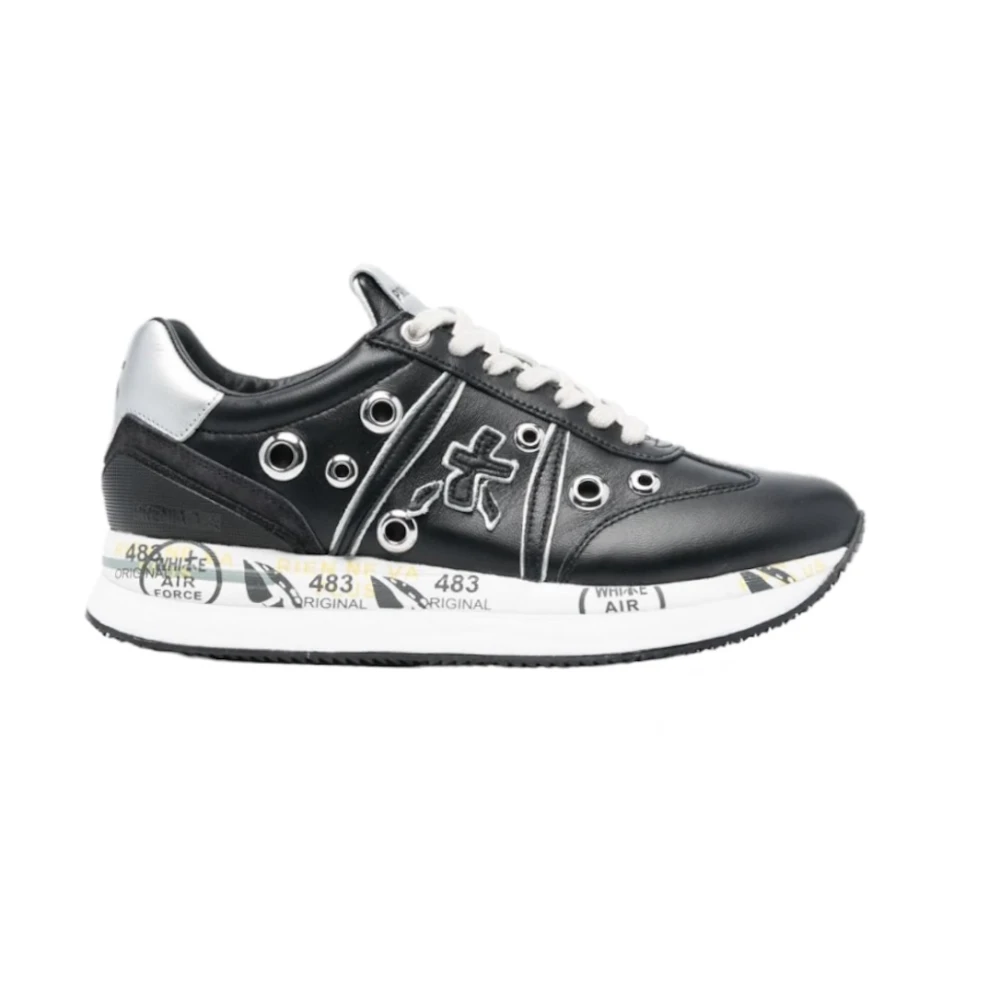 Premiata Zwarte leren en stoffen sneakers met zilveren details en studs Dames Schoenen