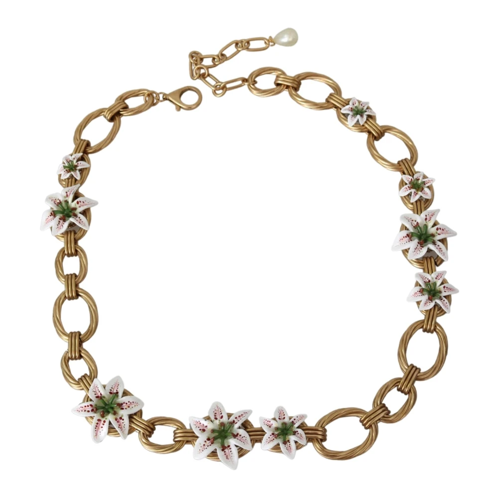 Dolce & Gabbana Gold Chain Lilium Floral Statement Large Jewelry Necklace Gul Dam