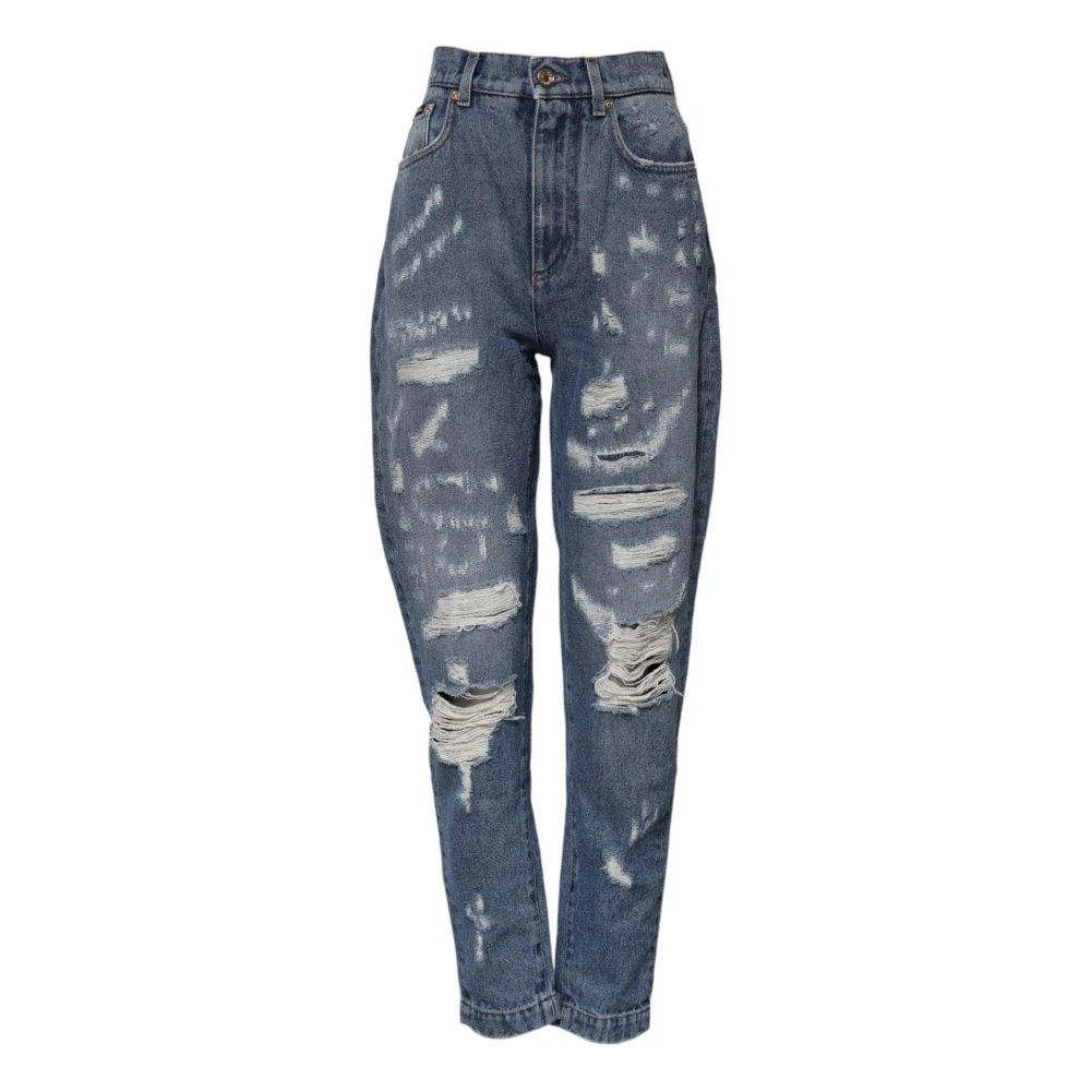 Dolce & Gabbana Women's Blue Tattered High Waist Denim Jeans - Loose Fit Jeans - Xs - Jeans