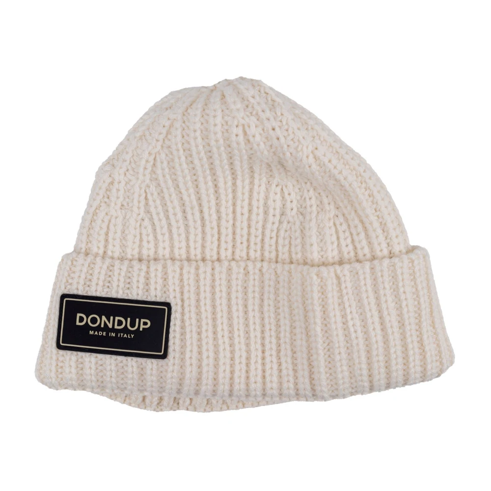 Dondup Geribbelde wollen muts met stoffen logo. Gemaakt in Italië. Beige Heren