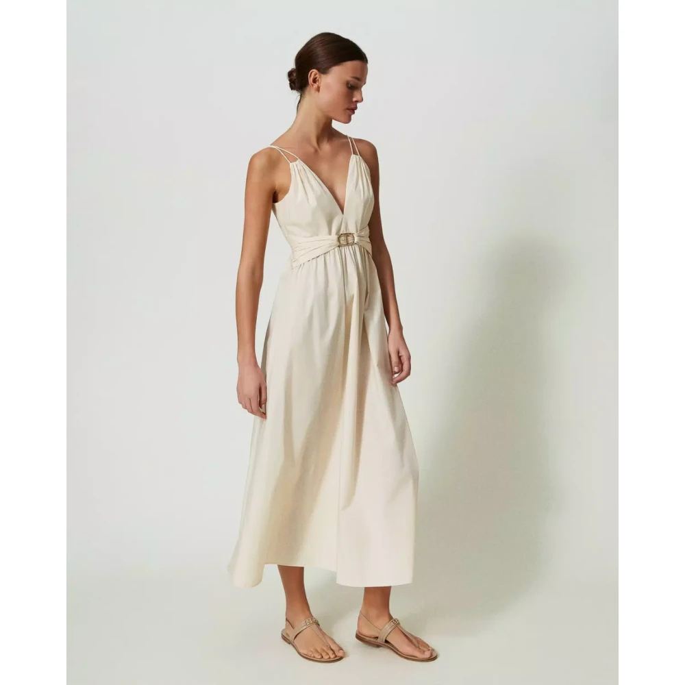 Twinset Elastische Katoenen Maxi Jurk met Spaghettibandjes Beige Dames