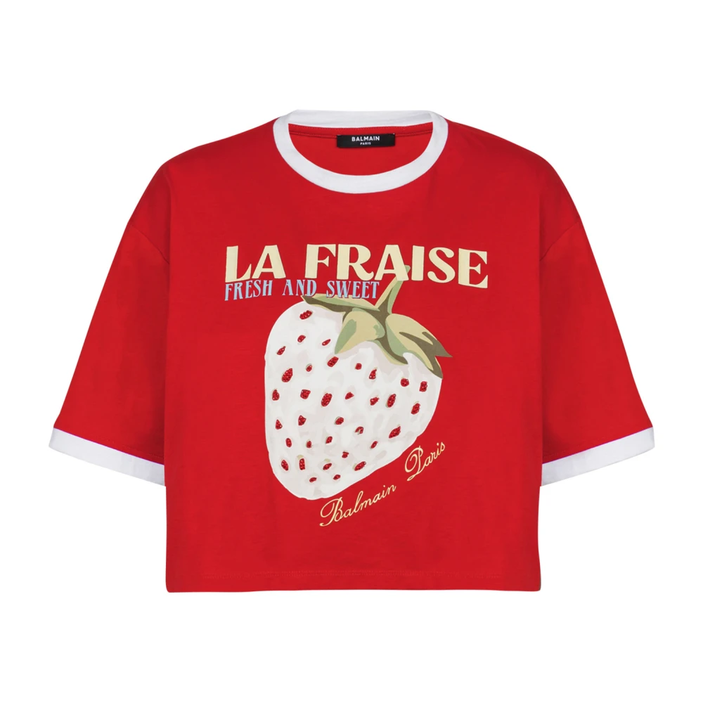 Balmain Cropped T-shirt met aardbeienprint Red Dames