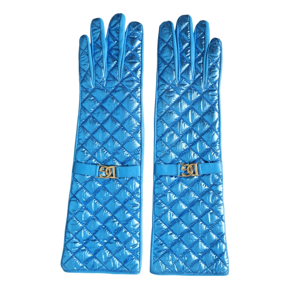 Dolce & Gabbana Gewatteerde Leren Mid-Arm Handschoenen Blue Dames