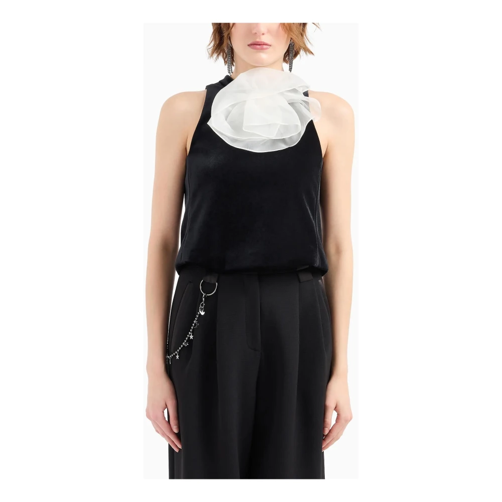 Emporio Armani Zwarte Mouwloze Top met Zijden Organza Ruches Black Dames