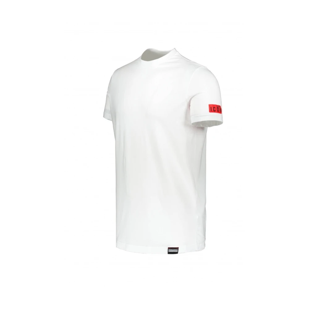 Dsquared2 Crewneck stretch katoenen T-shirt slim fit. Rode patch met lettering Icon op de mouw. White Heren