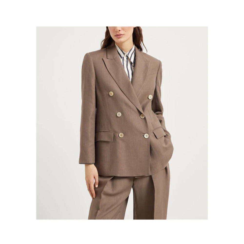 BRUNELLO CUCINELLI Bruine Double-Breasted Jas met Zakken Brown Dames