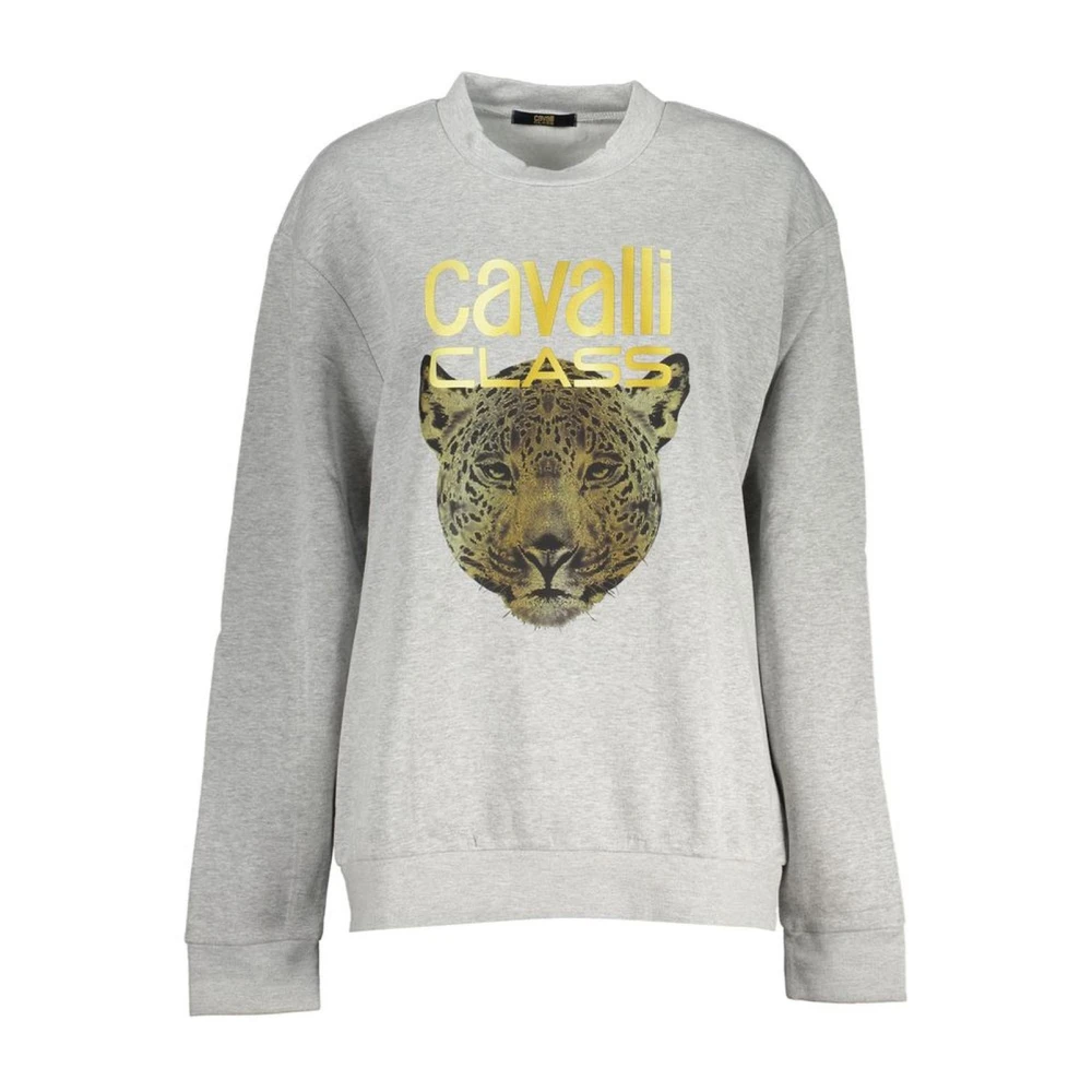 Cavalli Class Women's Gray Sweatshirts, Xl, Logo Print Crew Neck Sweatshirt
